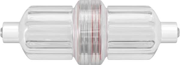 A transparent cylindrical water filter cartridge with ribbed ends and a central section containing visible filtration layers, shown against a white background.