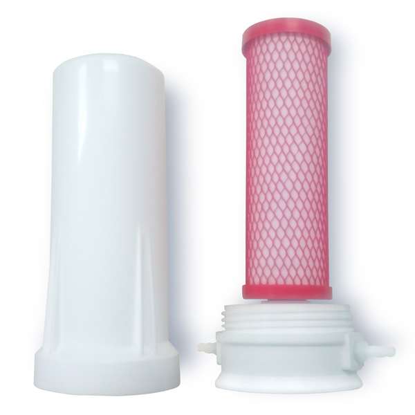 Two water filter parts: a white plastic cylindrical housing on the left and a pink mesh filter cartridge with a white threaded base on the right, displayed upright against a white background.