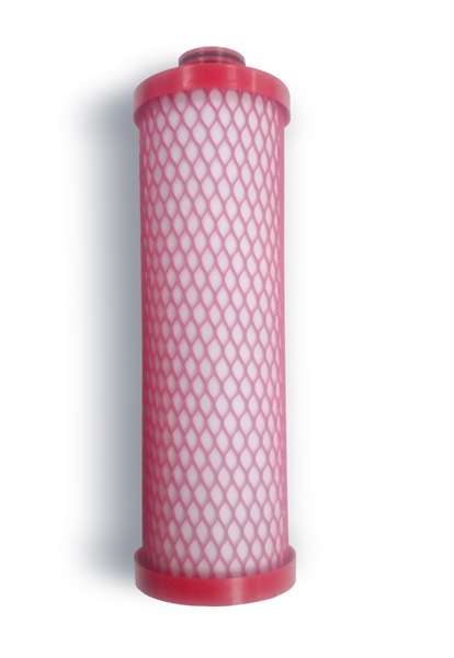 A cylindrical water filter cartridge with a red mesh outer layer and red end caps, shown vertically against a white background.