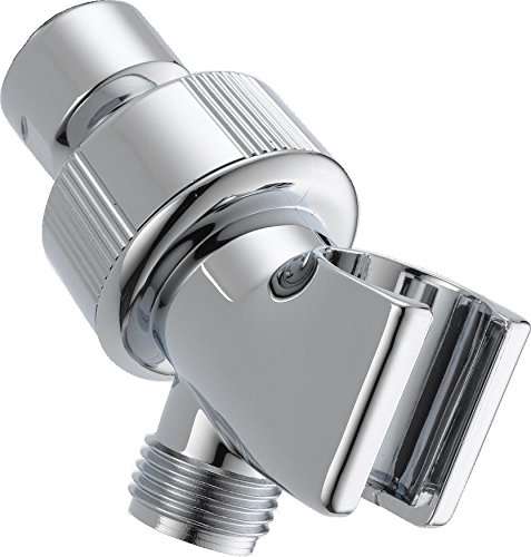 Close-up of a shiny, silver metal shower head holder with an adjustable swivel mount and threaded ends for attaching to a shower arm and shower head.