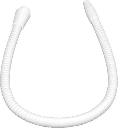 A flexible, white plastic hose with ribbed sides and tapered ends, arranged in a curved shape against a plain background.