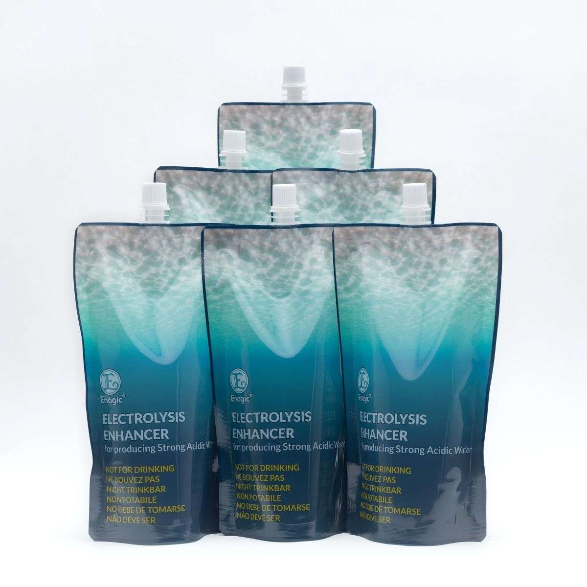 Five standing blue and white pouches labeled “Electrolysis Enhancer for producing Strong Acidic Water” with warnings printed in multiple languages, arranged in a staggered formation against a plain white background.