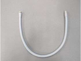 A flexible white hose with metal connectors at both ends, arranged in a U-shape on a plain light gray background.