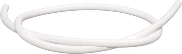 A coiled, flexible white plastic tube with smooth surface, lying on a white background.
