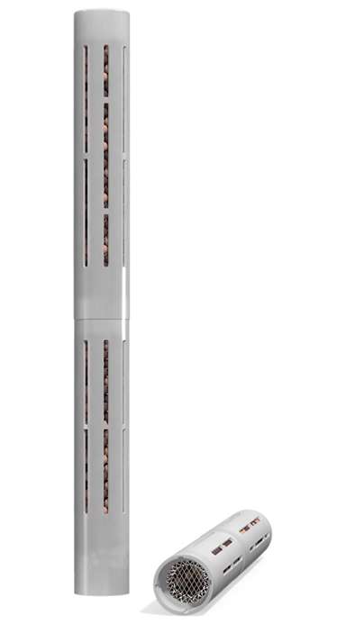 Two cylindrical water filter cartridges with vertical slits, one standing upright and the other lying down, showing a mesh-like end.
