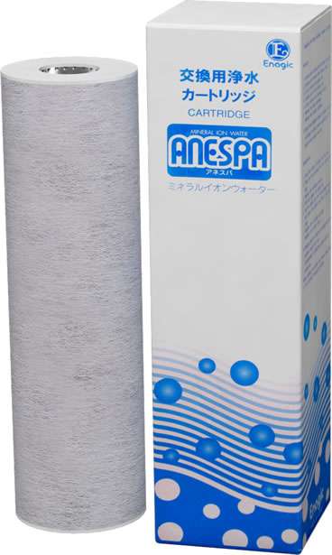 A cylindrical water filter cartridge stands next to its white and blue packaging box labeled ANESPA with Japanese and English text, water droplets, and wave graphics.